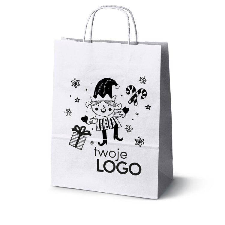 Torba papierowa świąteczne 50szt. 240x100x320mm Biała +LOGO (23 wzory) SW-06