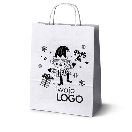 Torba papierowa świąteczne 50szt. 240x100x320mm Biała +LOGO (23 wzory) SW-06