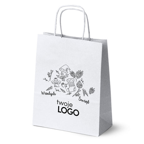 Torba papierowa świąteczne 50szt. 180x80x225mm Biała +LOGO (23 wzory) SW-22