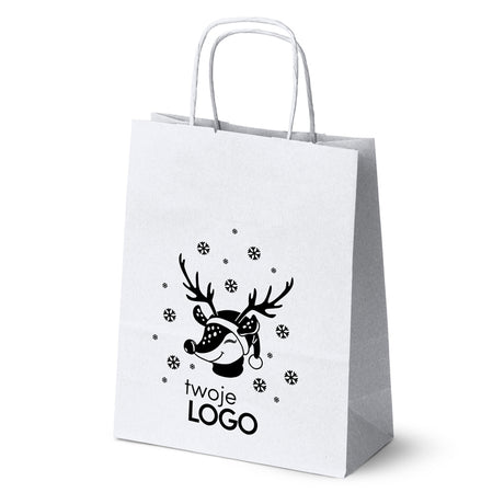 Torba papierowa świąteczne 50szt. 180x80x225mm Biała +LOGO (23 wzory) SW-11