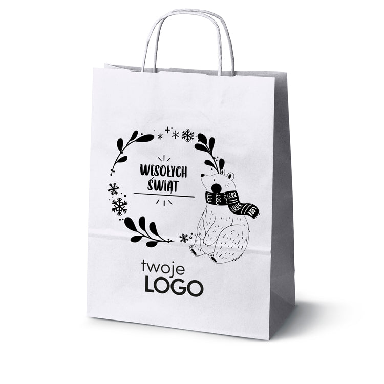 Torba papierowa świąteczne 50szt. 240x100x320mm Biała +LOGO (23 wzory) SW-21