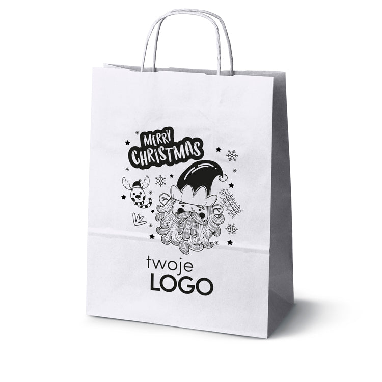 Torba papierowa świąteczne 50szt. 240x100x320mm Biała +LOGO (23 wzory) SW-04