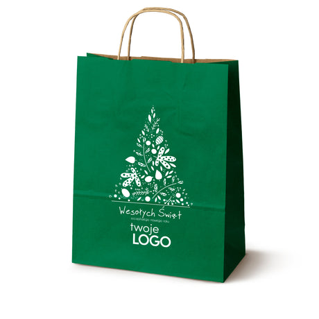 Torba papierowa świąteczne 50szt. 240x100x320mm Zielona +LOGO (23 wzory) SW-17