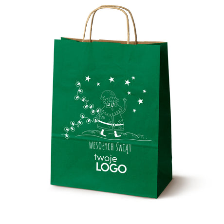 Torba papierowa świąteczne 50szt. 240x100x320mm Zielona +LOGO (23 wzory) SW-23