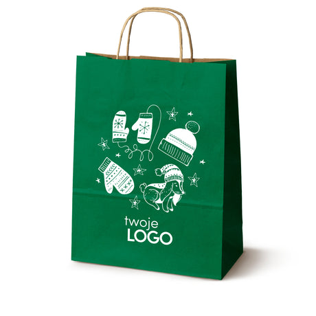 Torba papierowa świąteczne 50szt. 240x100x320mm Zielona +LOGO (23 wzory) SW-14