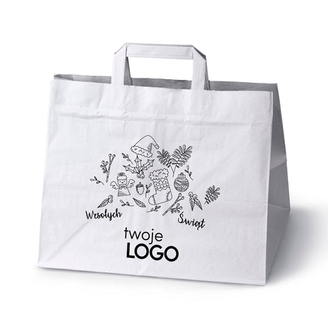 Torba papierowa świąteczne 50szt.320x220x245mm Biała +LOGO (23 wzory) SW-22