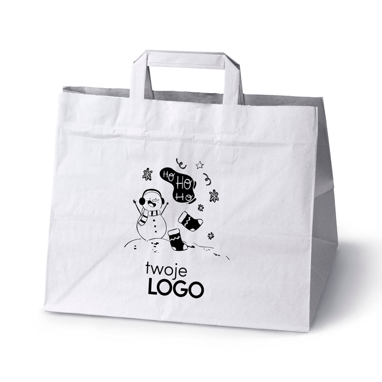 Torba papierowa świąteczne 50szt.320x220x245mm Biała +LOGO (23 wzory) SW-10