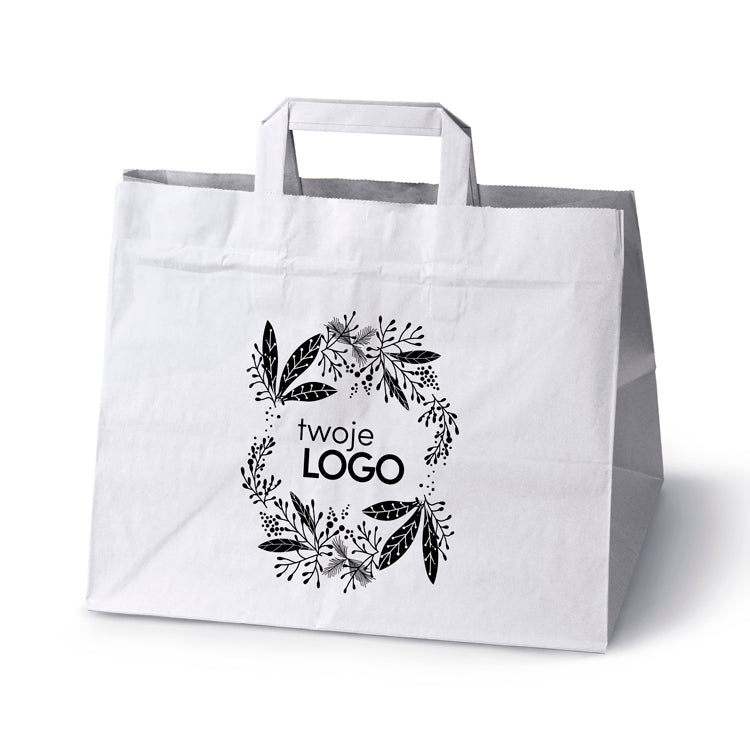 Torba papierowa świąteczne 50szt.320x220x245mm Biała +LOGO (23 wzory) SW-16