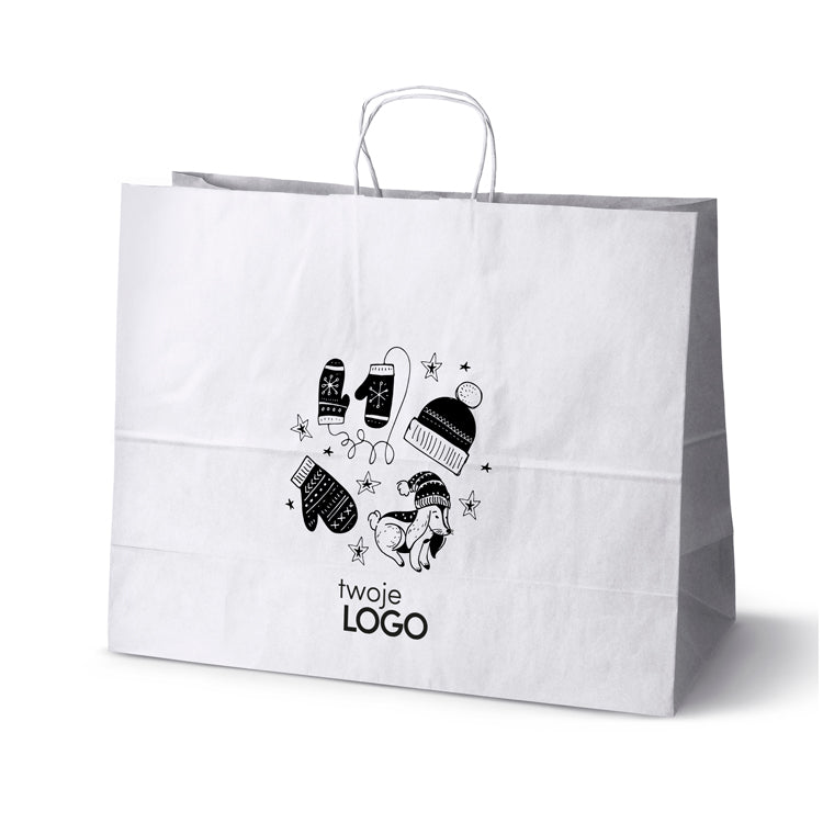 Torba papierowa świąteczne 50szt.500x180x390mm Biała +LOGO (23 wzory) SW-14