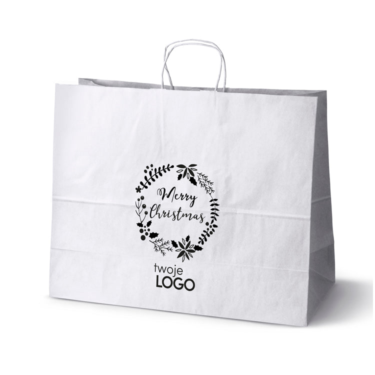 Torba papierowa świąteczne 50szt.500x180x390mm Biała +LOGO (23 wzory) SW-13