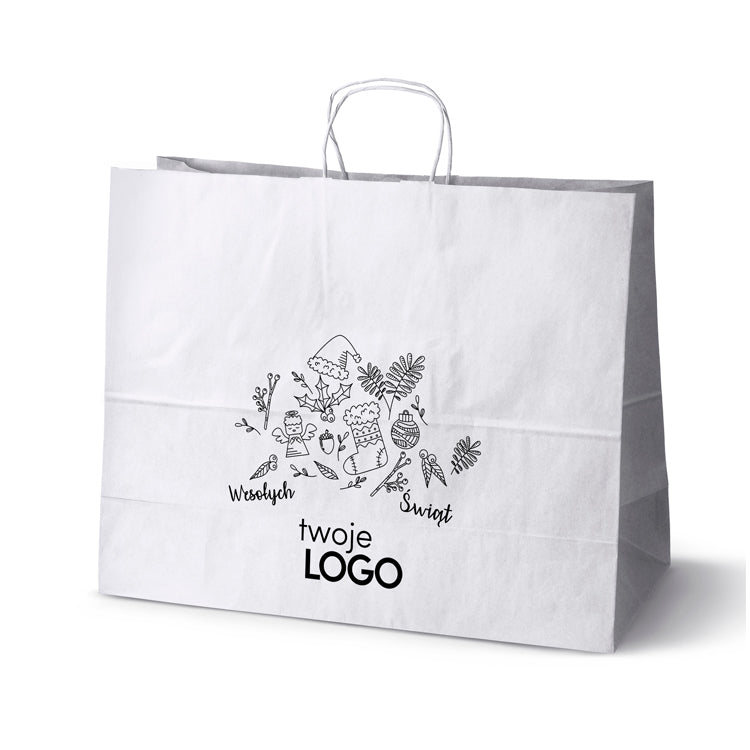 Torba papierowa świąteczne 50szt.500x180x390mm Biała +LOGO (23 wzory) SW-22