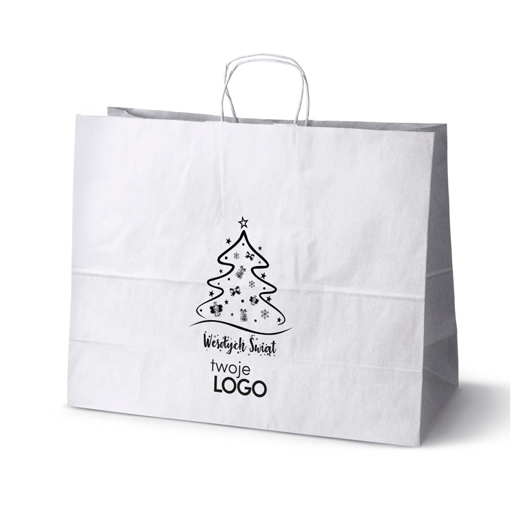 Torba papierowa świąteczne 50szt.500x180x390mm Biała +LOGO (23 wzory) SW-20