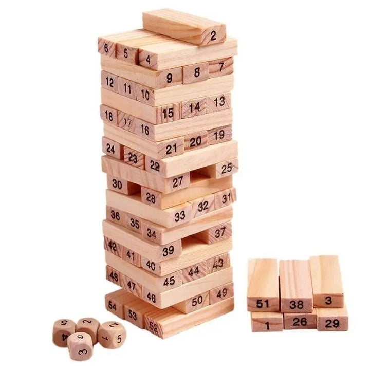 Klocki drewniane WIEŻA JENGA 54szt. +KOSTKI