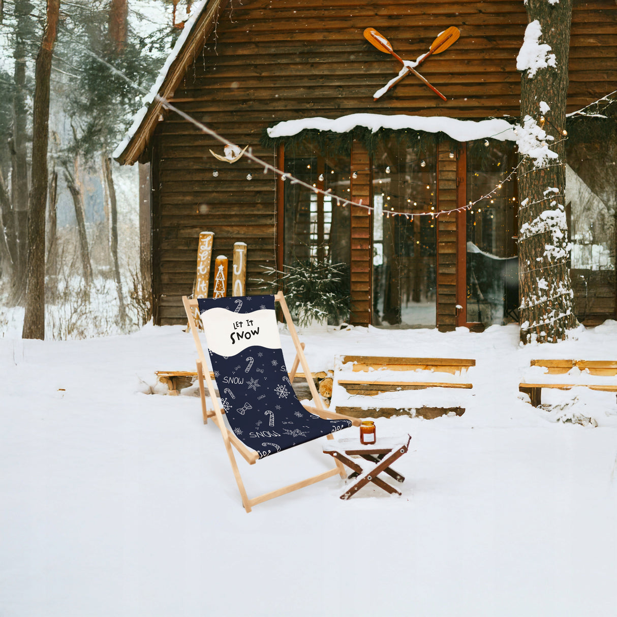 Leżak Zimowy Drewniany Granatowy LET IT SNOW