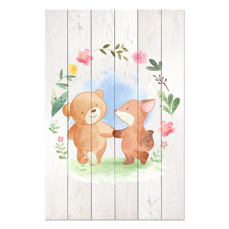 Obraz na drewnie Miś i lisek - Animal Friends in Flowers