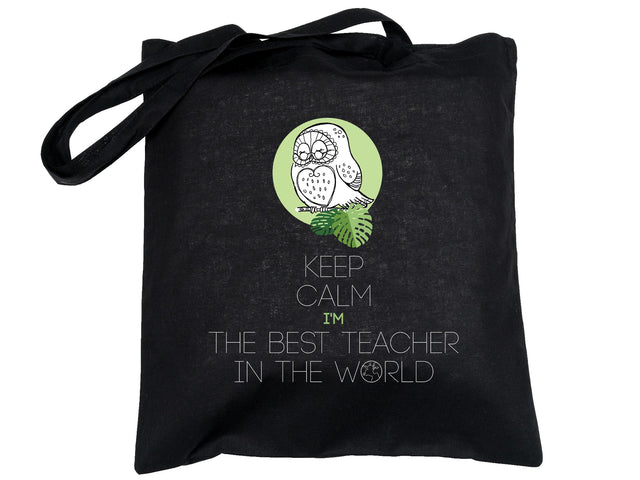 Torba bawełniana czarna - nadruk FULL COLOR - Keep calm I`m the best teacher in the world - 380x420mm 220 g/m2