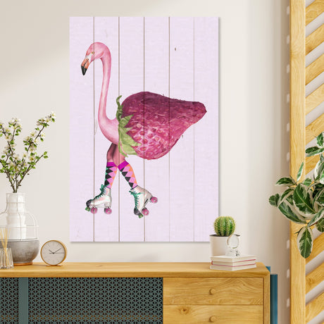 Obraz na drewnie Flaming z truskawką - Pink Flamingo with Strawberry