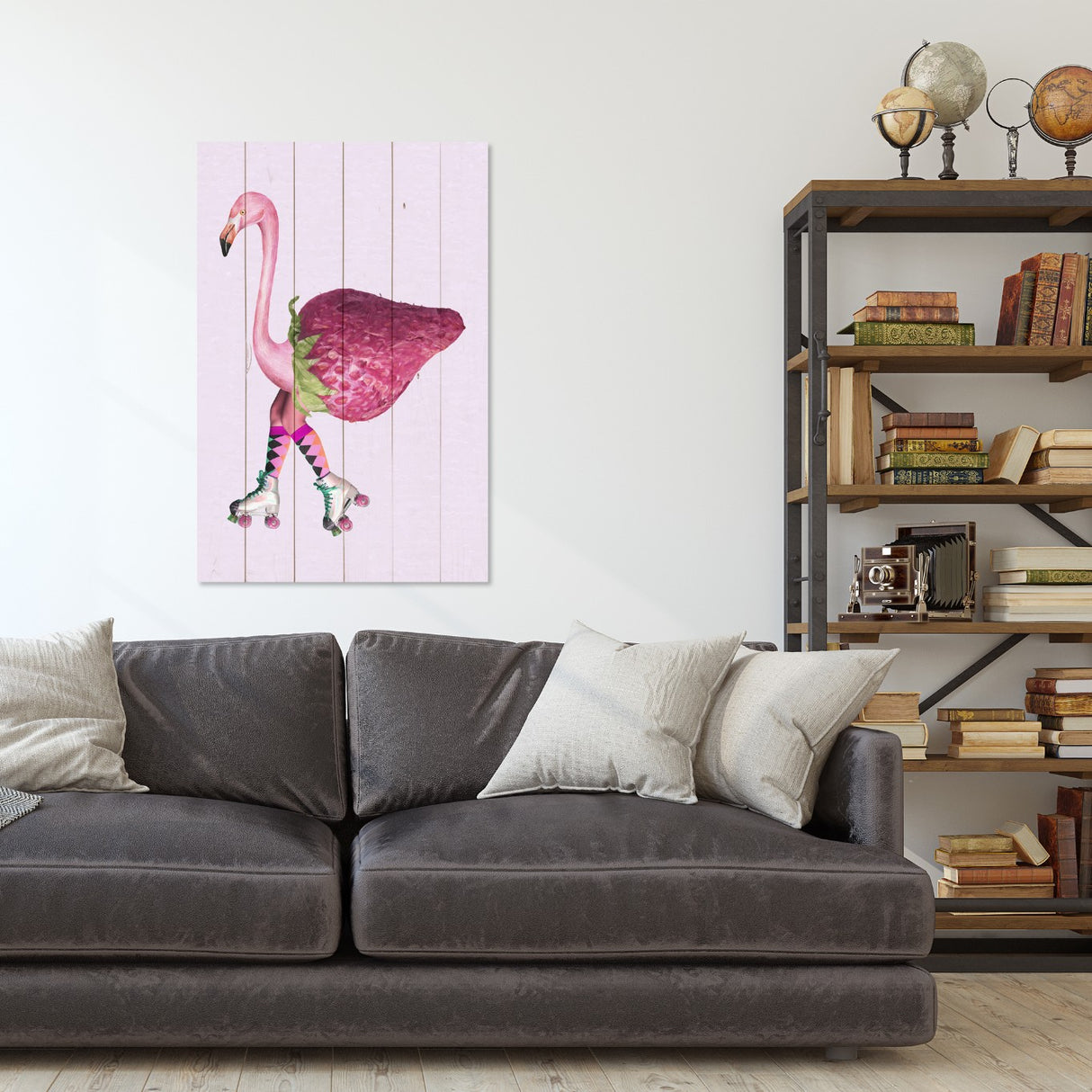 Obraz na drewnie Flaming z truskawką - Pink Flamingo with Strawberry