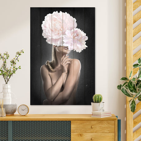 Obraz na drewnie Kobieta z kwiatami - Woman with Pink Peonies